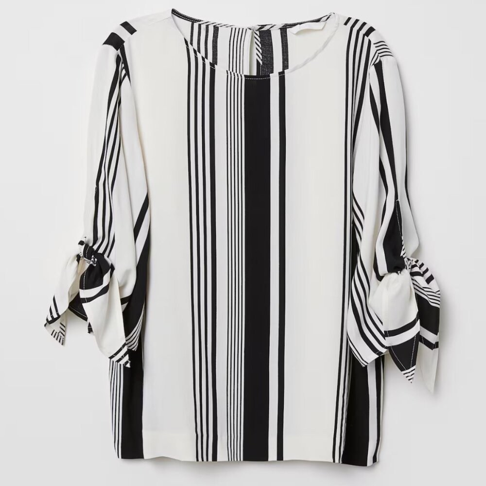 H&M White w. Black Stripes Tie 3/4 Sleeves Scoop Neck Boxy Blouse women's 14